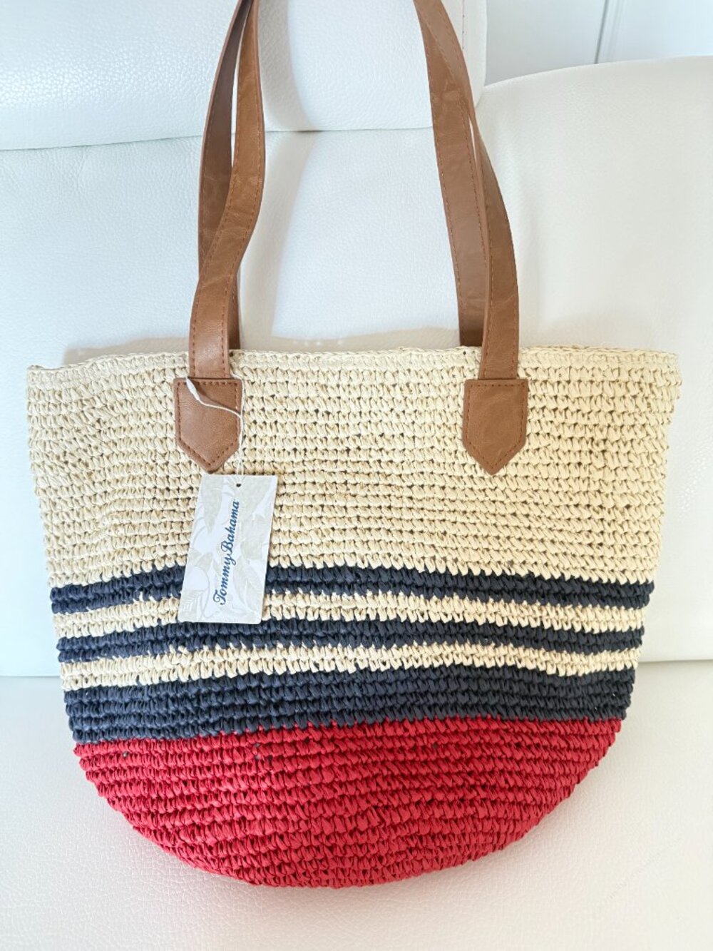 NWT TOMMY BAHAMA RED NAVY & NATURAL STRAW TOTE BAG FLAG - Picture 2 of 5